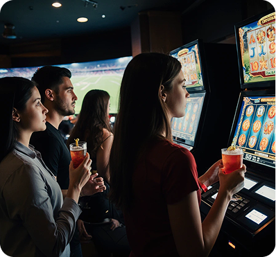 Amigos disfrutando de bebidas mientras juegan en slots con partido de fútbol en pantalla